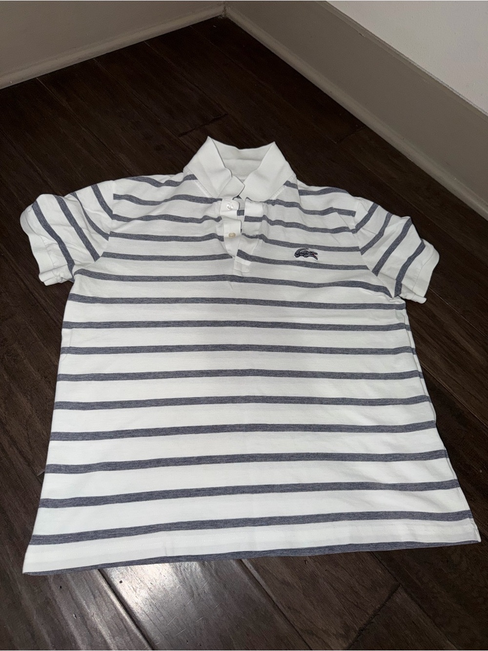 Lacoste White & Navy Striped Polo Shirt - Classic Short Sleeve - Picture 2 of 4